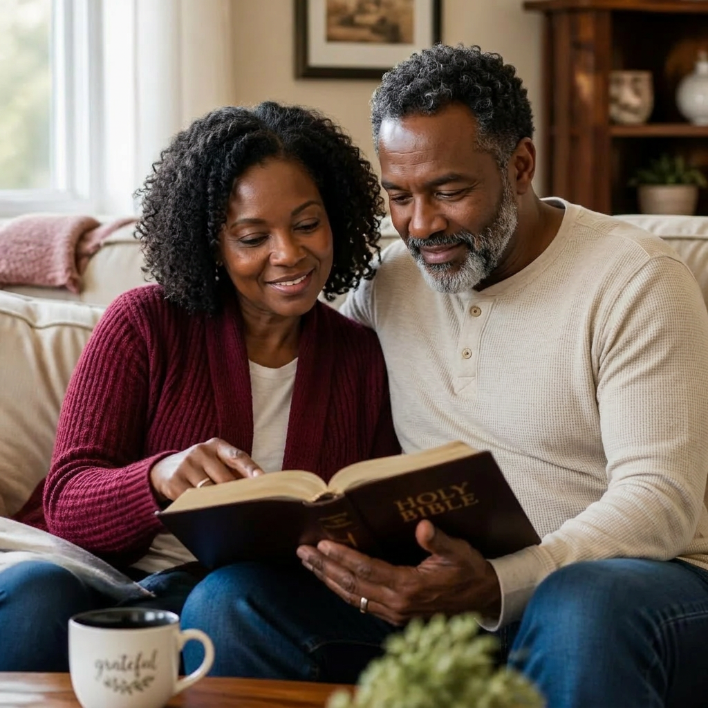 A married couple reading the Bible together at home