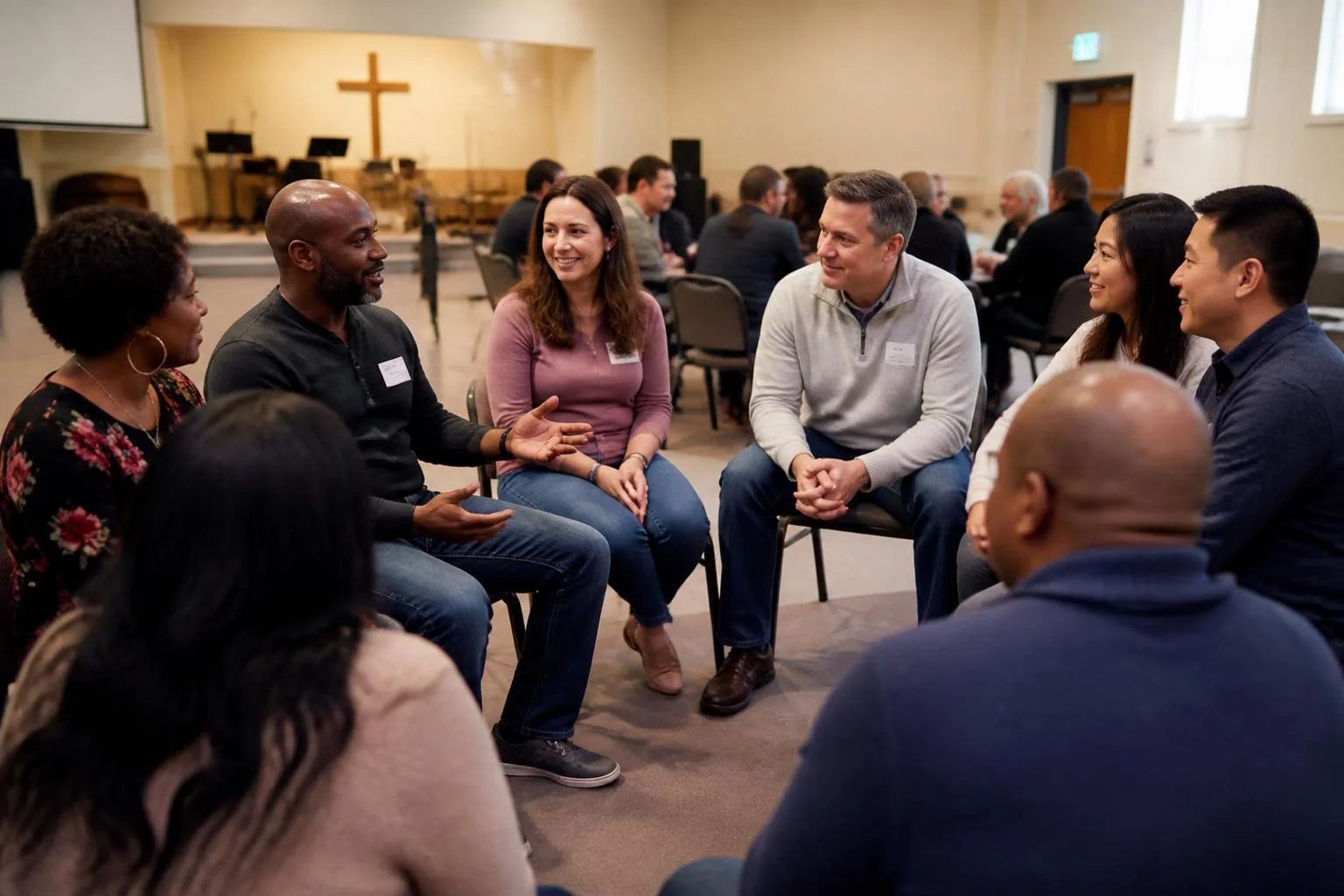 Diverse couples in a church small group session