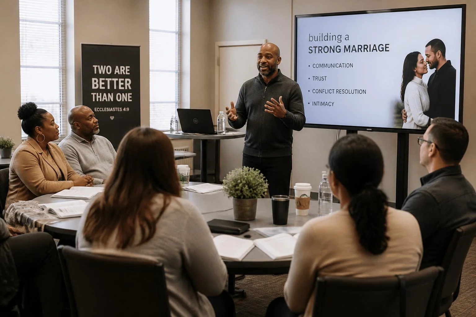 A facilitator leading a marriage workshop with couples